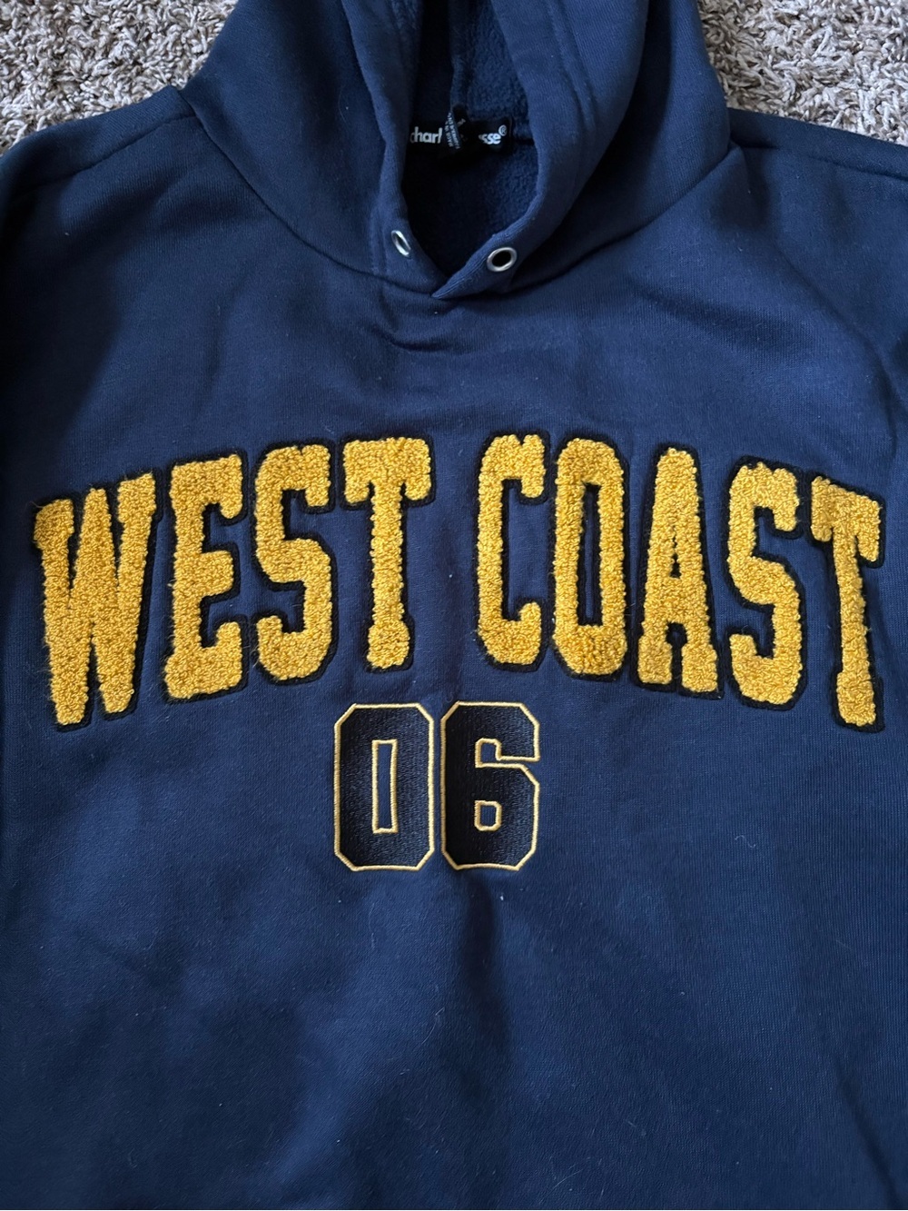 Charlotte Russe Navy Pullover Hoodie with Yellow Embroidered/Fuzzy Lettering - Picture 2 of 4